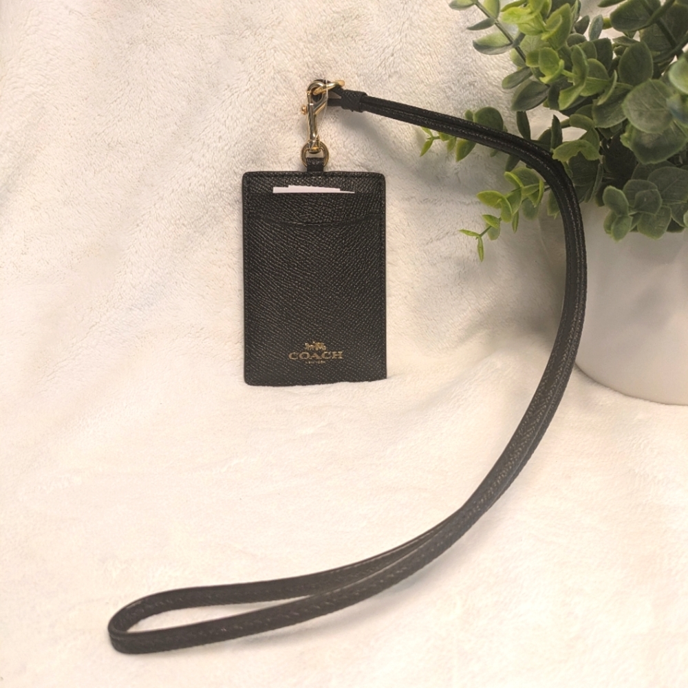 🌸 Coach Black Signature Crossgrain Leather Id Lanyard w/ Card Slots NWT - Picture 4 of 17
